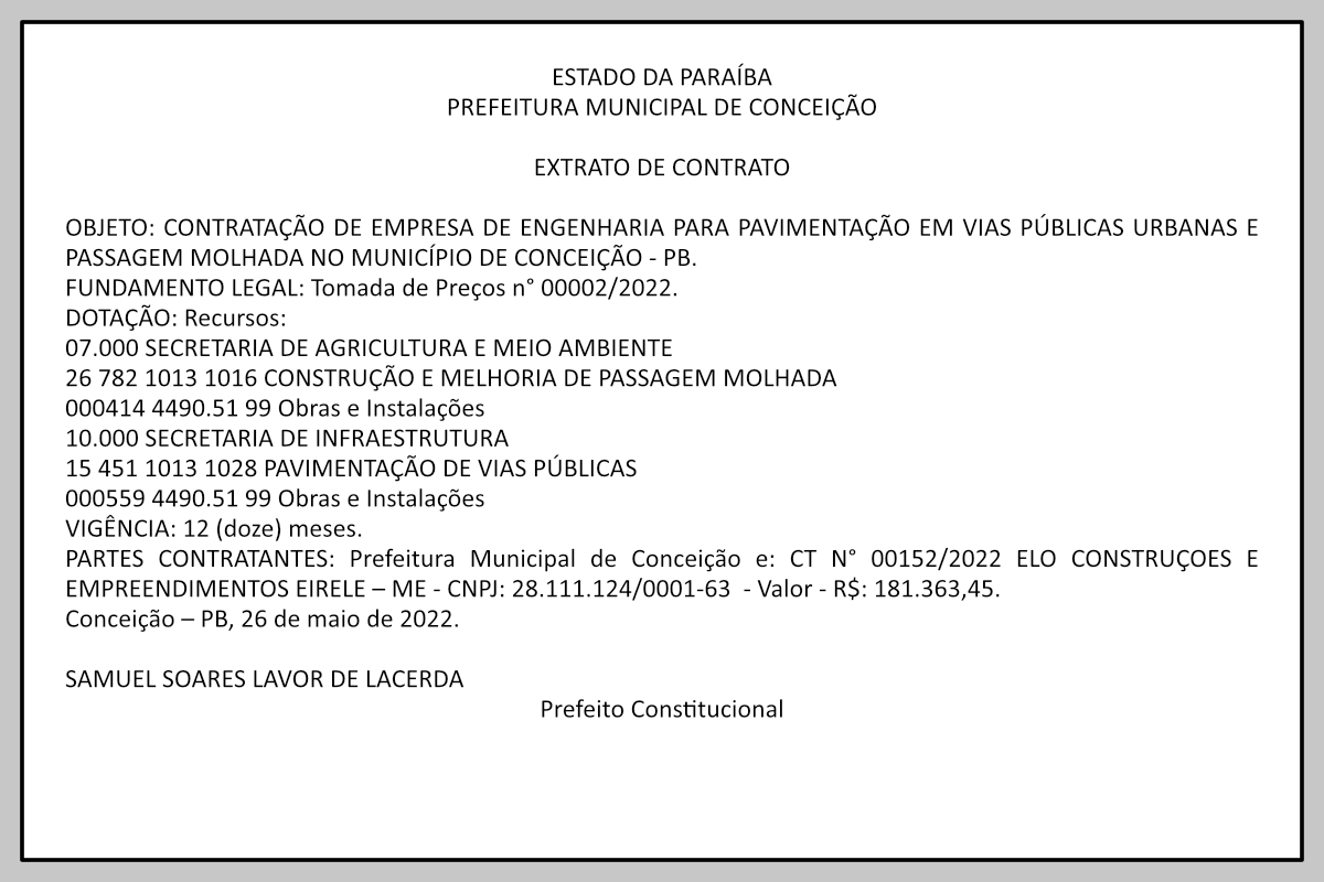 PREFEITURA MUNICIPAL DE CONCEIÇÃO – EXTRATO DE CONTRATO