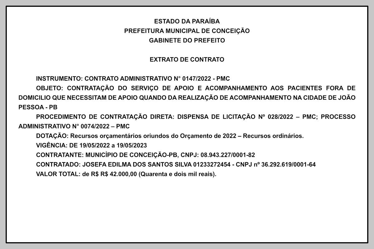 PREFEITURA MUNICIPAL DE CONCEIÇÃO  –  EXTRATO DE CONTRATO
