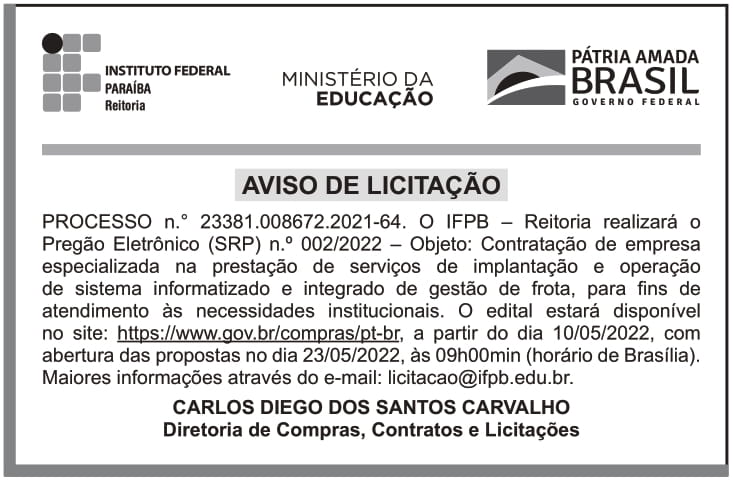 IFPB – PB – JOÃO PESSOA – REITORIA – EDITAL – PREGÃO ELETRÔNICO (SRP) N.º 002/2022