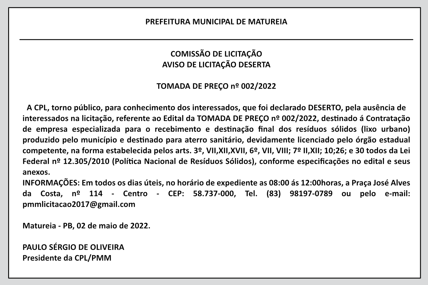 PREFEITURA MUNICIPAL DE MATUREIA – AVISO DE LICITAÇÃO DESERTA – TOMADA DE PREÇO nº 002/2022