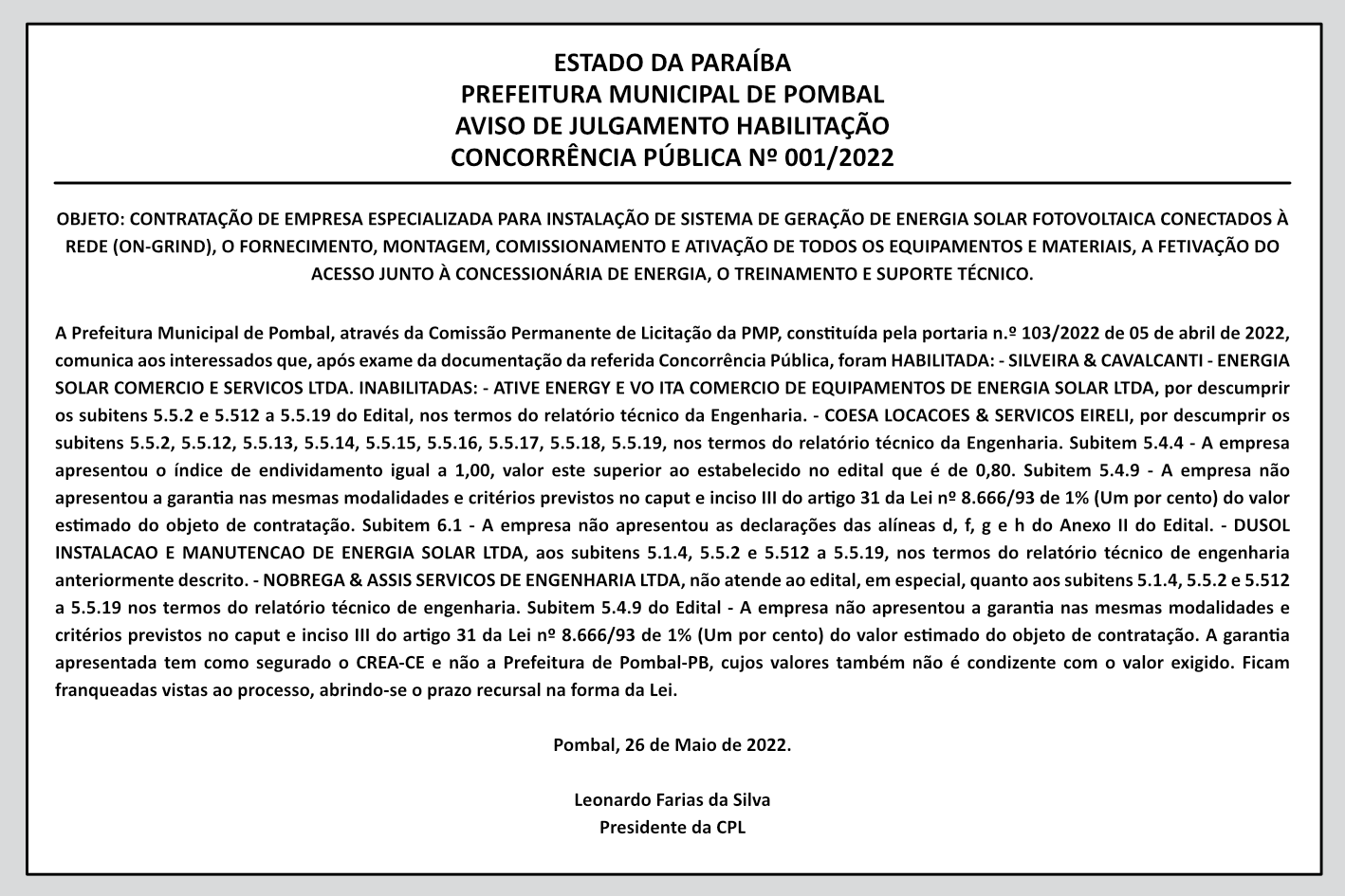 PREFEITURA MUNICIPAL DE POMBAL – AVISO DE JULGAMENTO HABILITAÇÃO – CONCORRÊNCIA PÚBLICA Nº 001/2022