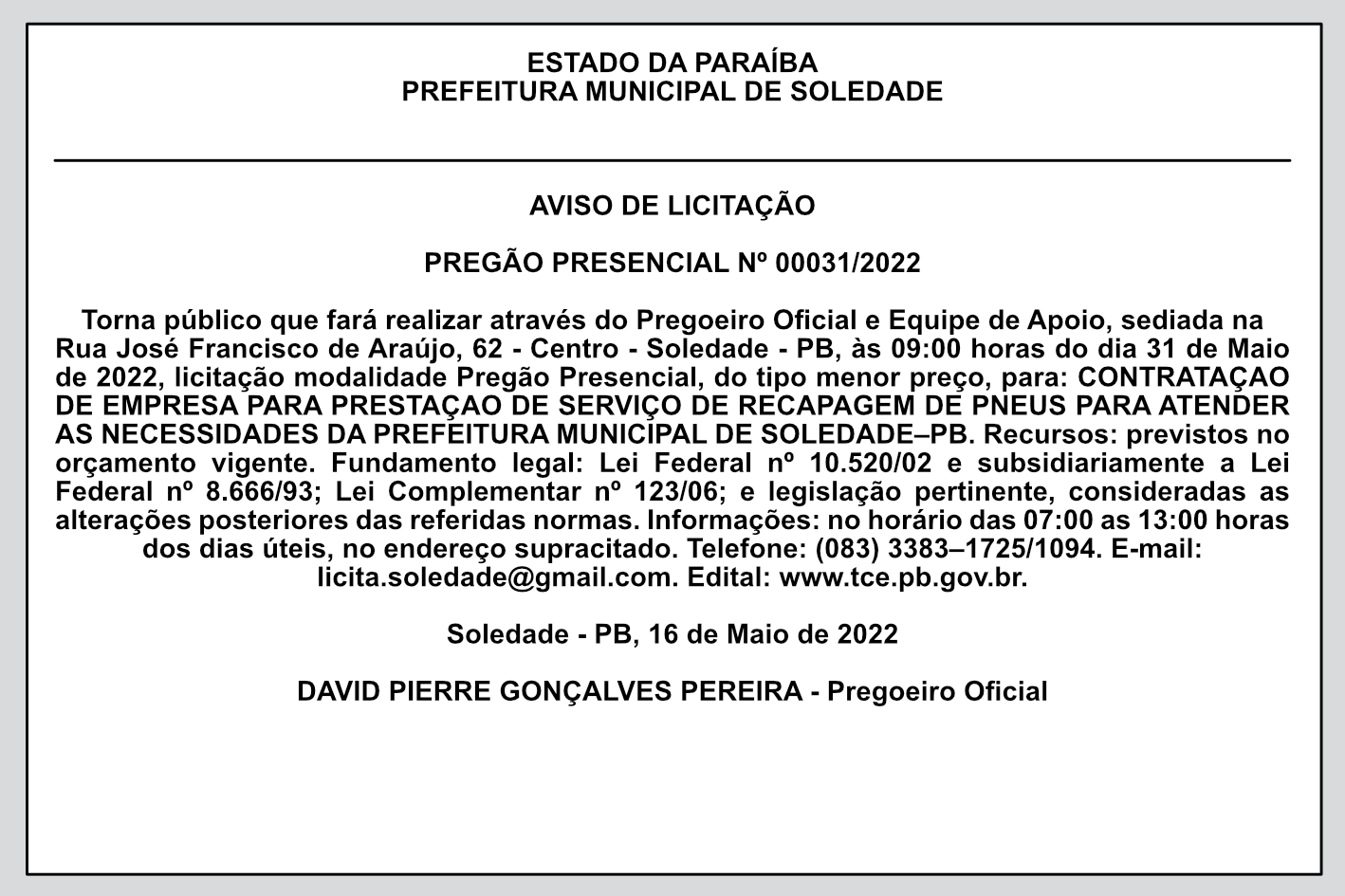PREFEITURA MUNICIPAL DE SOLEDADE – AVISO DE LICITAÇÃO – PREGÃO PRESENCIAL Nº 00031/2022