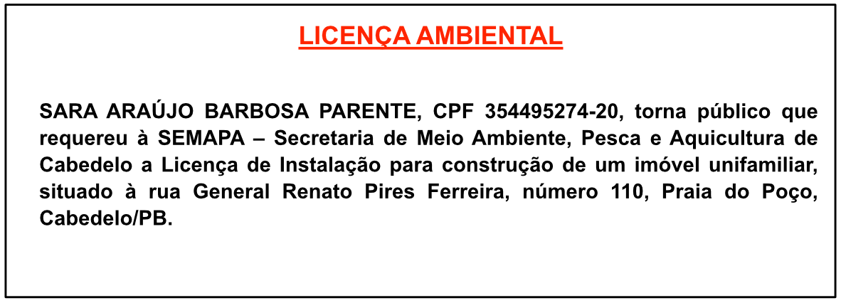 SARA ARAÚJO BARBOSA PARENTE – LICENÇA AMBIENTAL