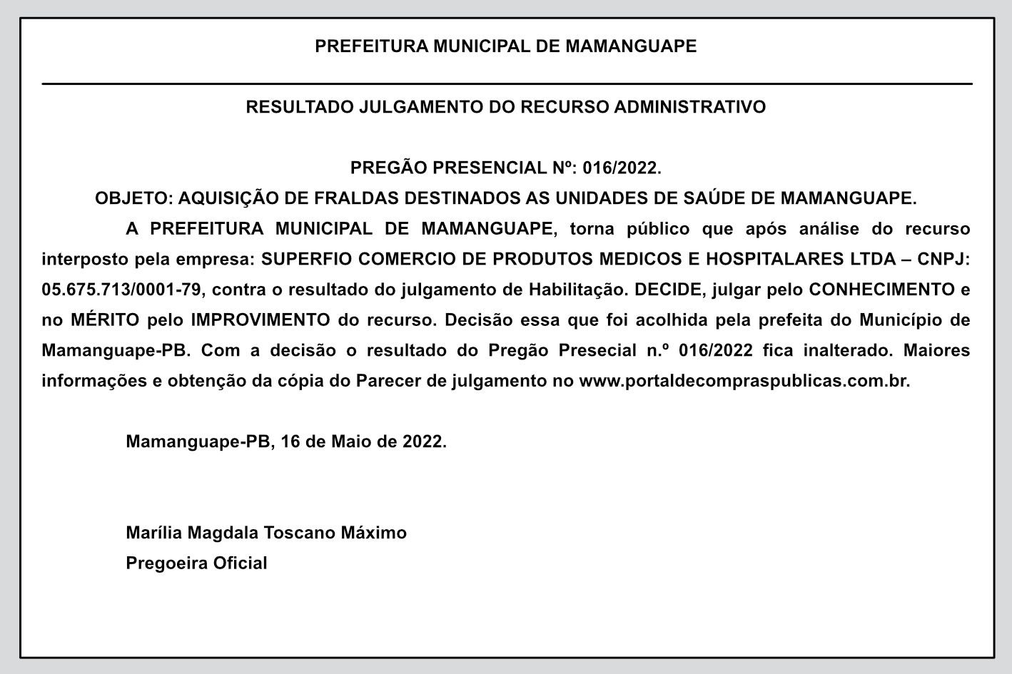 PREFEITURA MUNICIPAL DE MAMANGUAPE – RESULTADO JULGAMENTO DO RECURSO ADMINISTRATIVO