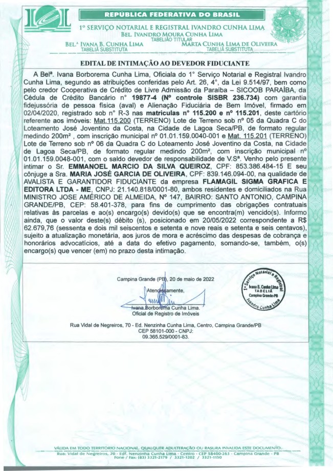 EDITAL DE INTIMAÇÃO AO DEVEDOR FIDUCIANTE