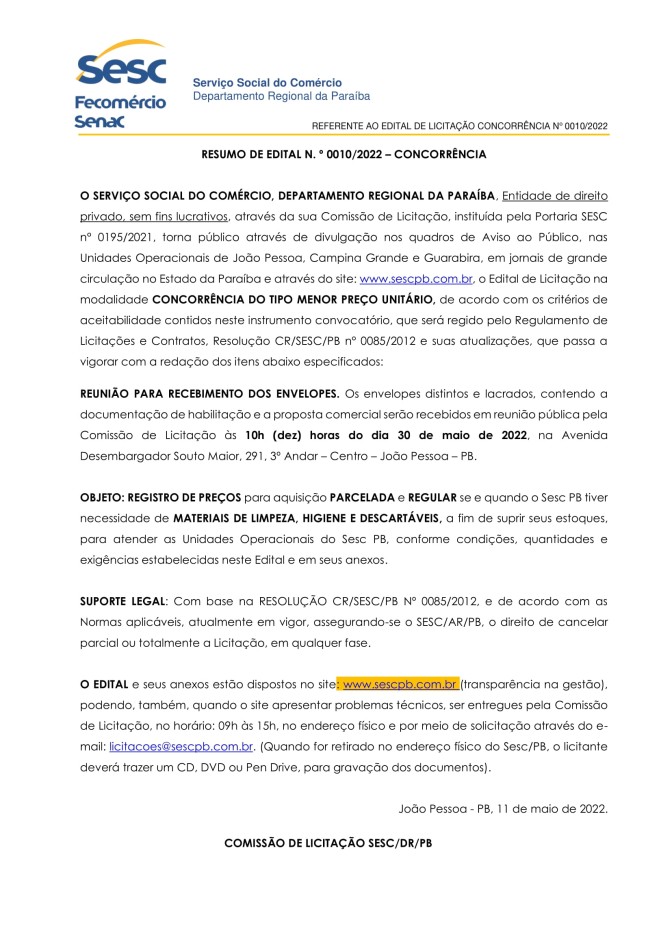SESC – RESUMO DE EDITAL N.º 0010/2022 – CONCORRÊNCIA
