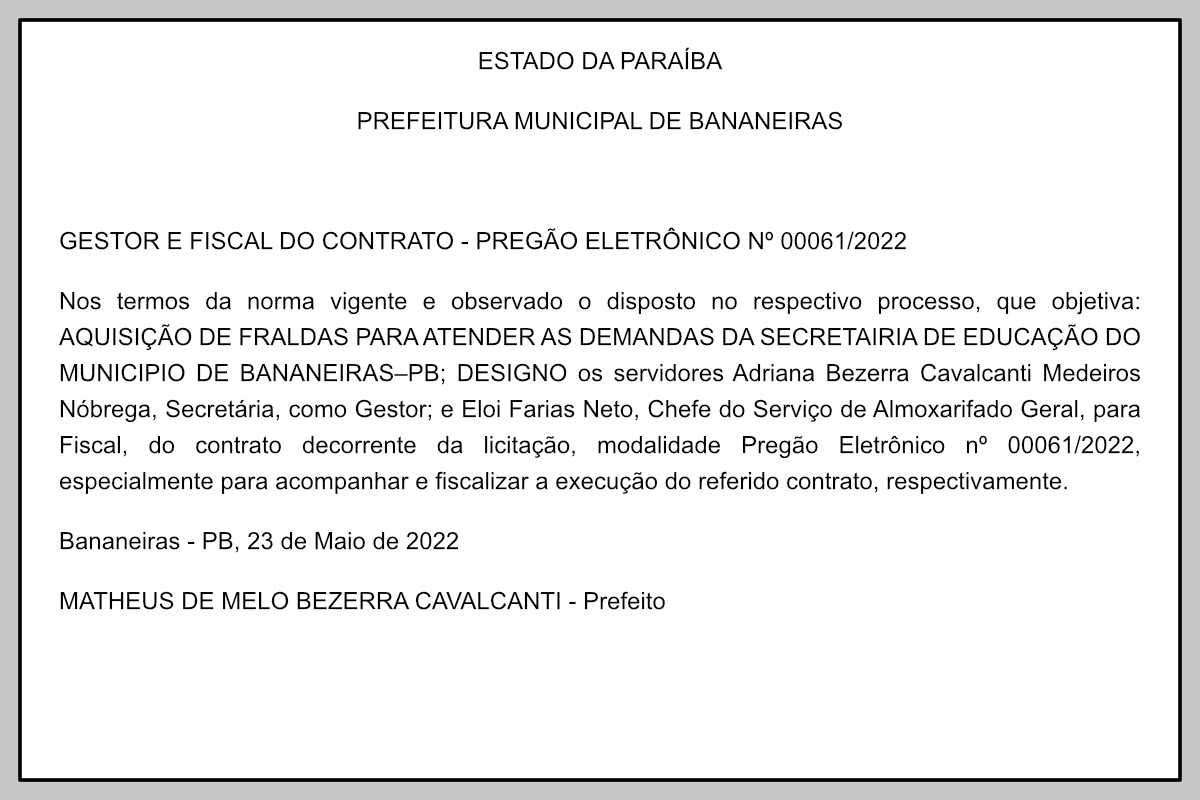 PREFEITURA MUNICIPAL DE BANANEIRAS – GESTOR E FISCAL DO CONTRATO – PREGÃO ELETRÔNICO Nº 00061/2022