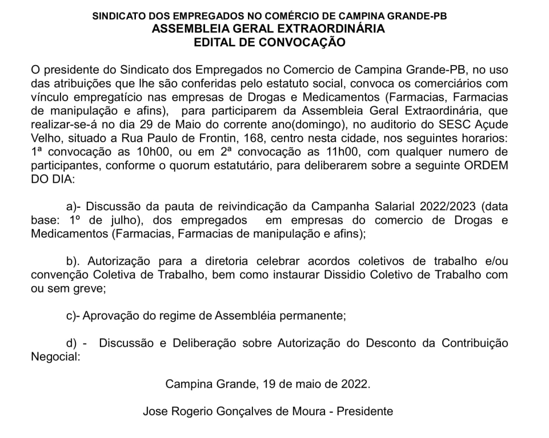 SINDICATO DOS EMPREGADOS NO COMÉRCIO DE CAMPINA GRANDE-PB – ASSEMBLEIA GERAL EXTRAORDINÁRIA – EDITAL DE CONVOCAÇÃO