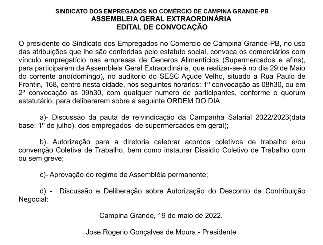 SINDICATO DOS EMPREGADOS NO COMÉRCIO DE CAMPINA GRANDE-PB – ASSEMBLEIA GERAL EXTRAORDINÁRIA – EDITAL DE CONVOCAÇÃO