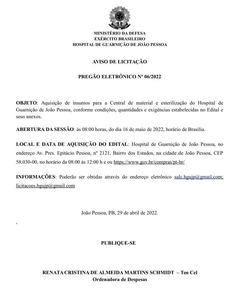 HOSPITAL DE GUARNIÇÃO DE JOÃO PESSOA – AVISO DE LICITAÇÃO – PREGÃO ELETRÔNICO Nº 06/2022