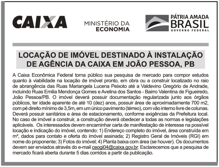 CAIXA ECONÔMICA FEDERAL – DF – BRASILIA – LOCAÇÃO DE IMÓVEL DESTINADO À INSTALAÇÃO DE AGÊNCIA DA CAIXA EM JOÃO PESSOA -PB