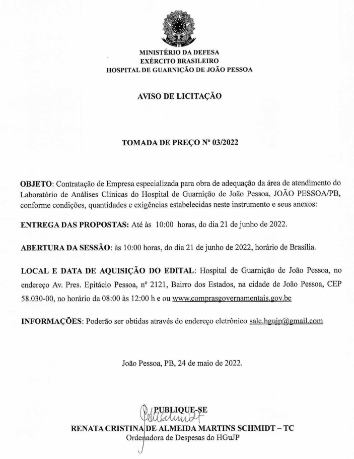 HOSPITAL DE GUARNIÇÃO DE JOÃO PESSOA – AVISO DE LICITAÇÃO – TOMADA DE PREÇO Nº 03/2022