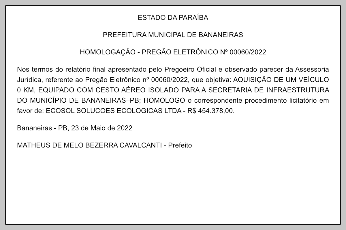 PREFEITURA MUNICIPAL DE BANANEIRAS – HOMOLOGAÇÃO – PREGÃO ELETRÔNICO Nº 00060/2022