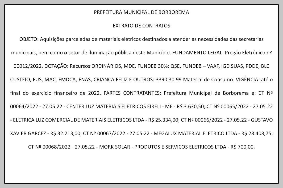 PREFEITURA MUNICIPAL DE BORBOREMA – EXTRATO DE CONTRATOS
