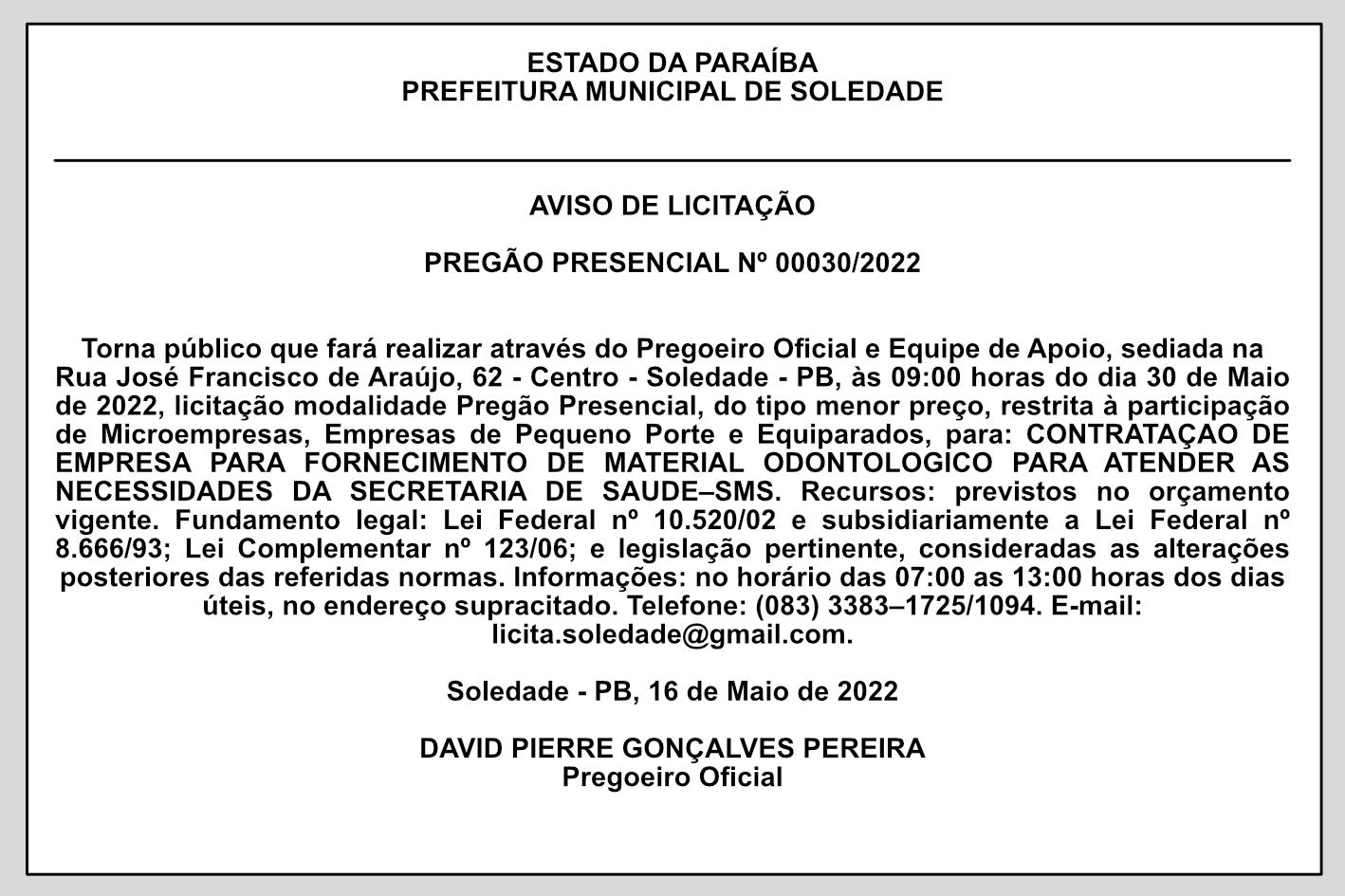PREFEITURA MUNICIPAL DE SOLEDADE – AVISO DE LICITAÇÃO – PREGÃO PRESENCIAL Nº 00030/2022