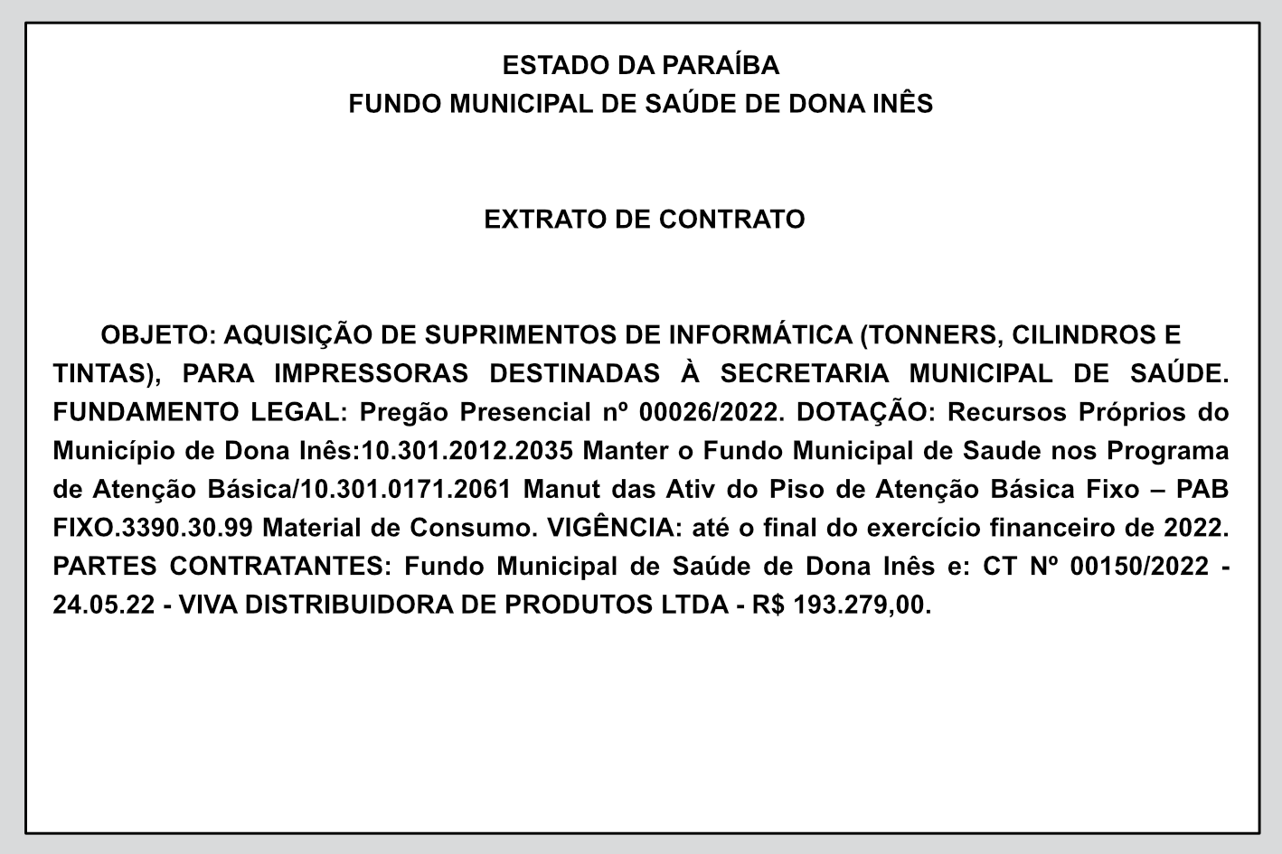 FUNDO MUNICIPAL DE SAÚDE DE DONA INÊS – EXTRATO DE CONTRATO