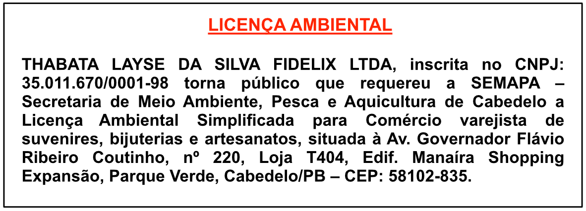 THABATA LAYSE DA SILVA FIDELIX LTDA – LICENÇA AMBIENTAL