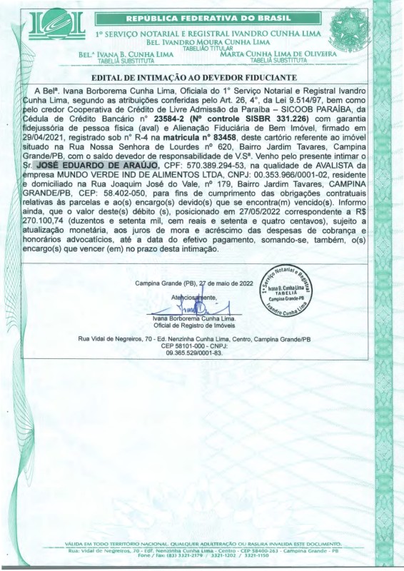 EDITAL DE INTIMAÇÃO AO DEVEDOR FIDUCIANTE