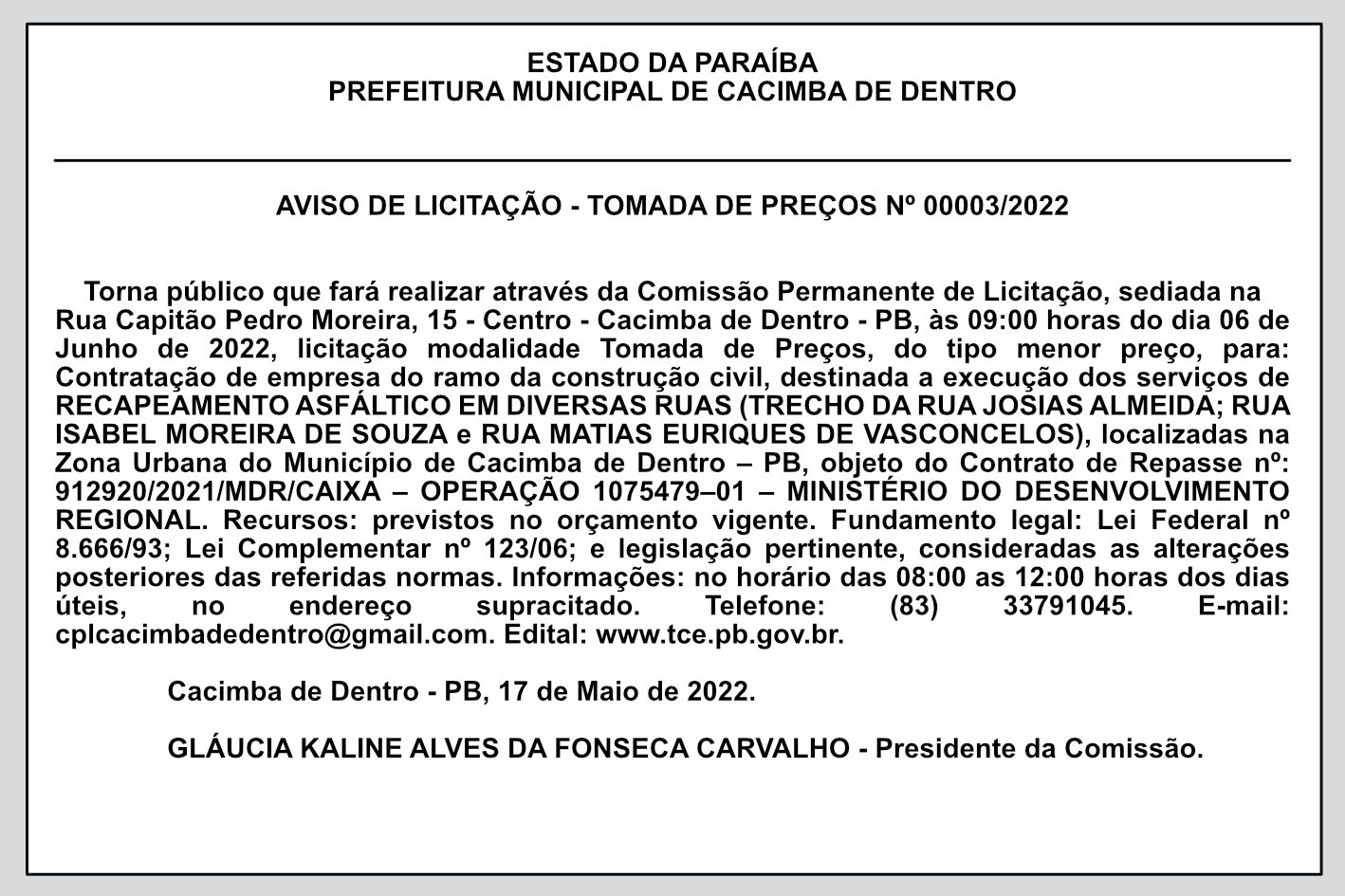 PREFEITURA MUNICIPAL DE CACIMBA DE DENTRO – AVISO DE LICITAÇÃO – TOMADA DE PREÇOS Nº 00003/2022
