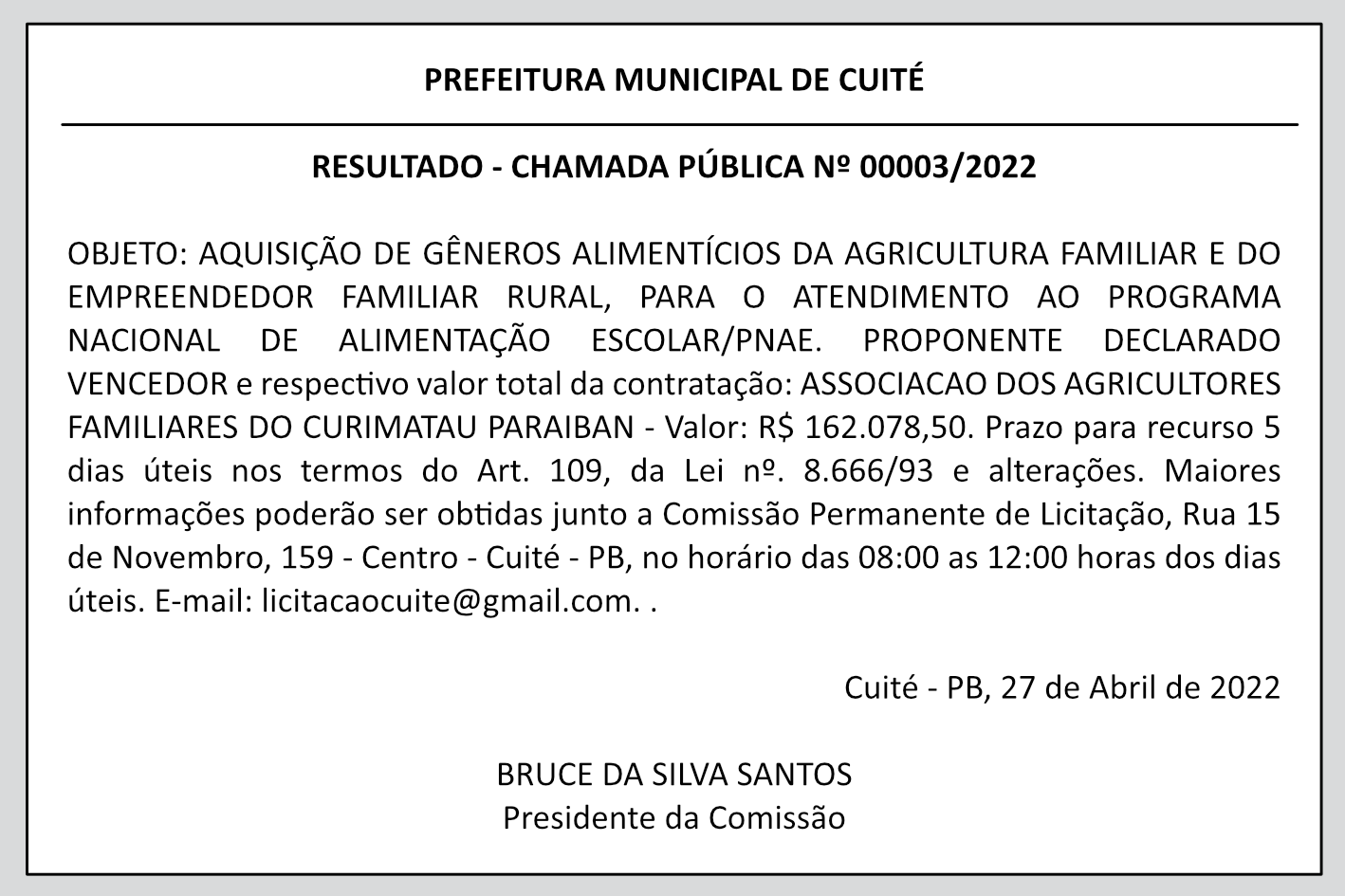 PREFEITURA MUNICIPAL DE CUITÉ – RESULTADO – CHAMADA PÚBLICA Nº 00003/2022