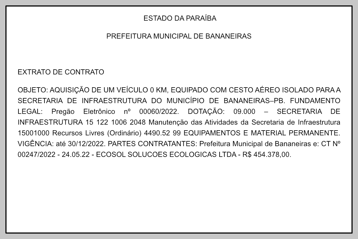 PREFEITURA MUNICIPAL DE BANANEIRAS – EXTRATO DE CONTRATO