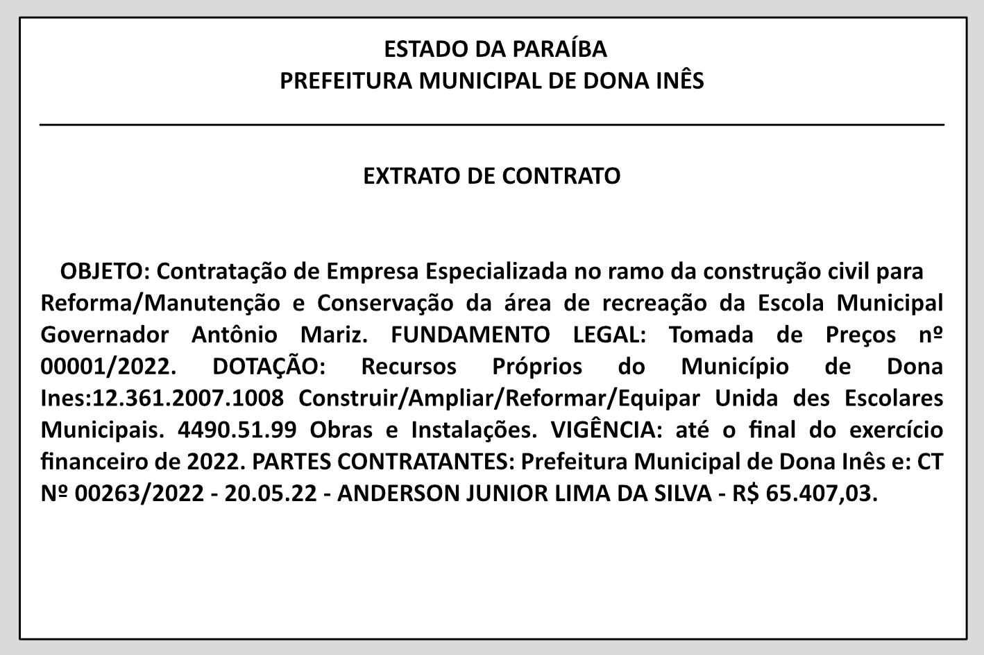 PREFEITURA MUNICIPAL DE DONA INÊS – EXTRATO DE CONTRATO
