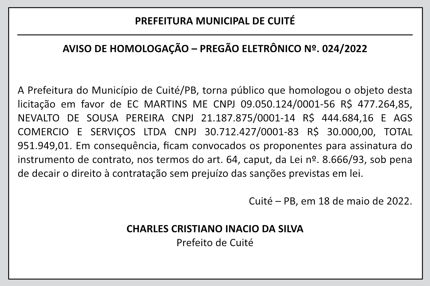 PREFEITURA MUNICIPAL DE CUITÉ  – AVISO DE HOMOLOGAÇÃO – PREGÃO ELETRÔNICO Nº. 024/2022