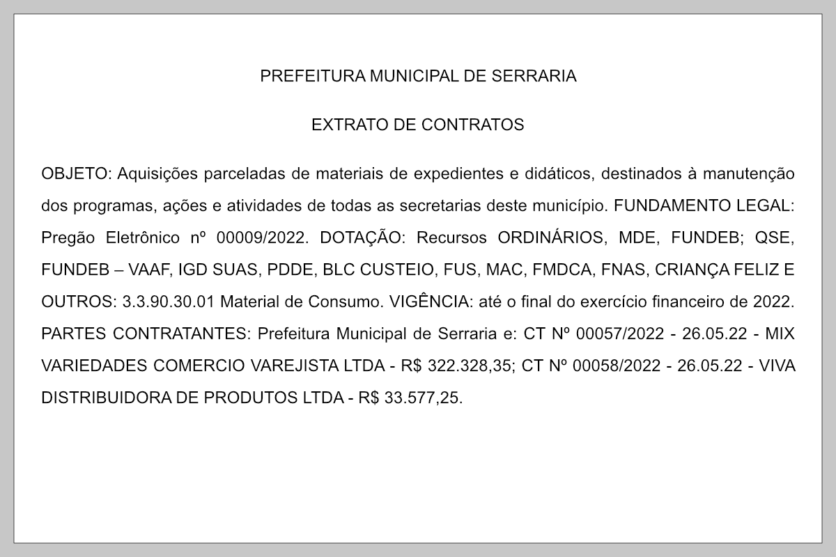 PREFEITURA MUNICIPAL DE SERRARIA – EXTRATO DE CONTRATOS