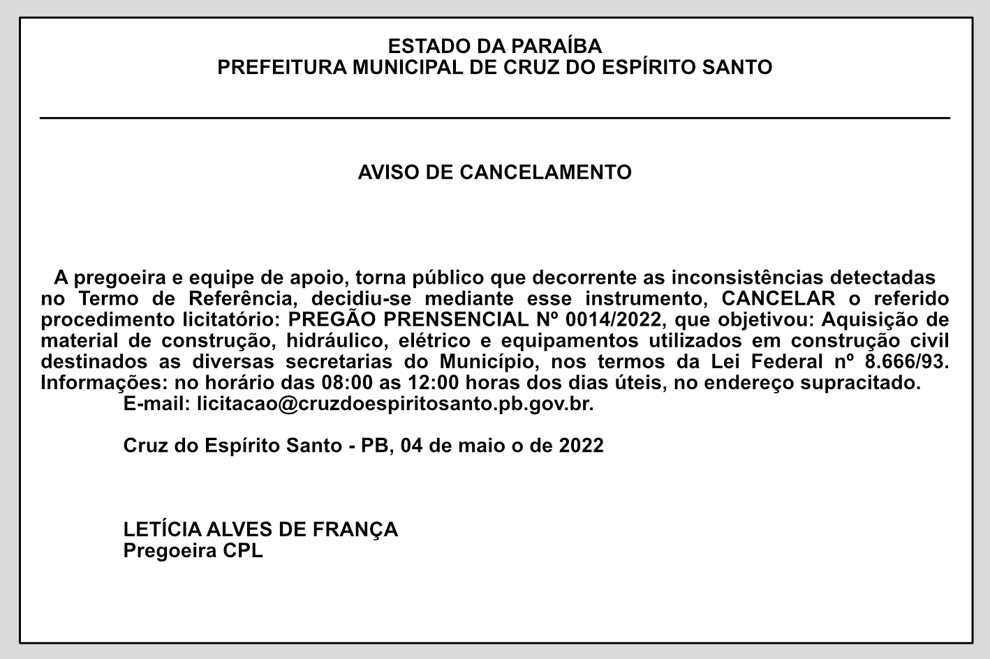 PREFEITURA MUNICIPAL DE CRUZ DO ESPÍRITO SANTO – AVISO DE CANCELAMENTO