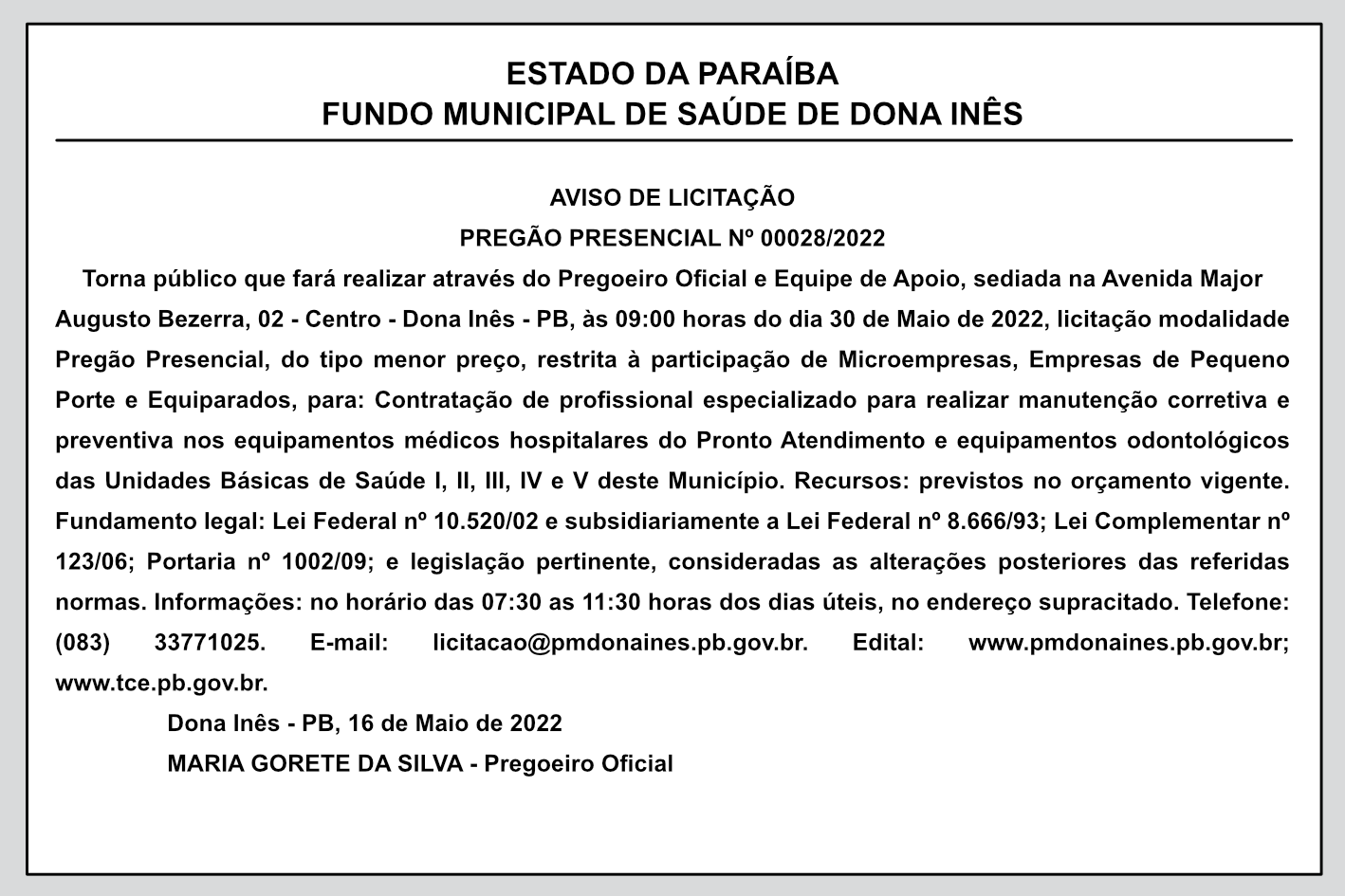 FUNDO MUNICIPAL DE SAÚDE DE DONA INÊS – AVISO DE LICITAÇÃO – PREGÃO PRESENCIAL Nº 00028/2022