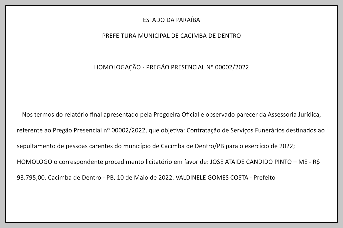 PREFEITURA MUNICIPAL DE CACIMBA DE DENTRO – HOMOLOGAÇÃO – PREGÃO PRESENCIAL Nº 00002/2022
