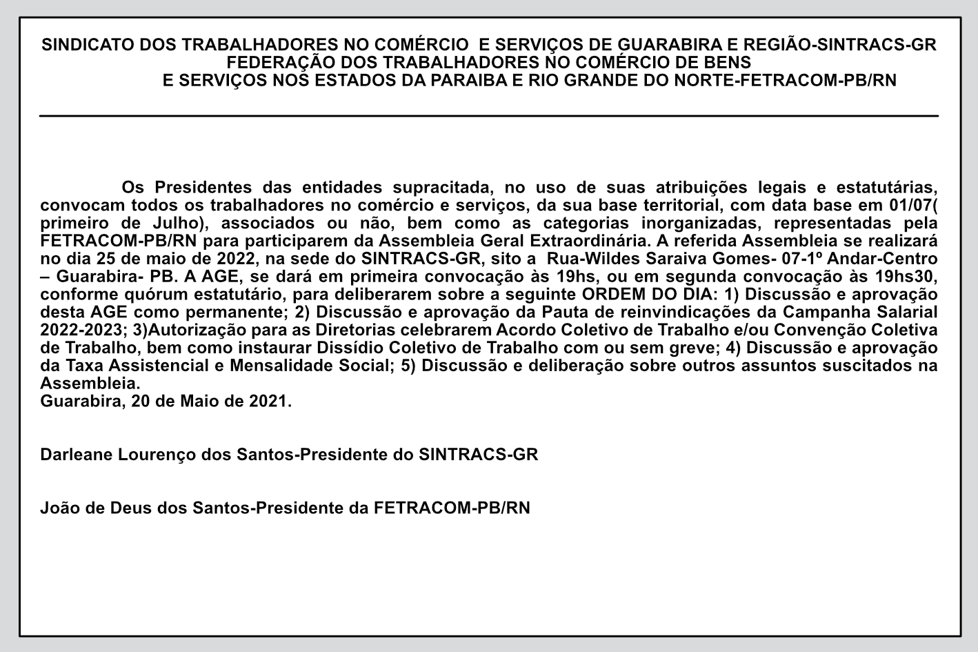 SINTRACS-GR / FETRACOM-PB/RN – Edital de Assembleia Geral Extraordinária