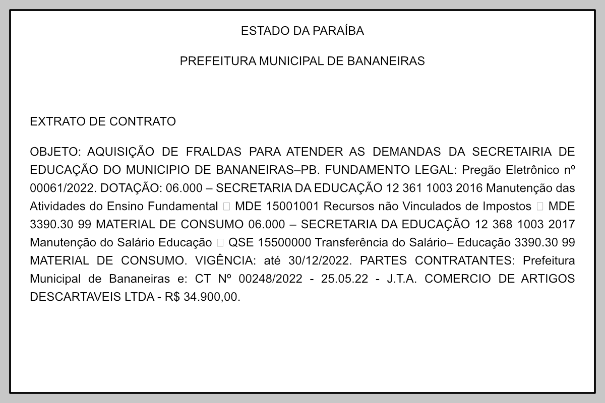 PREFEITURA MUNICIPAL DE BANANEIRAS – EXTRATO DE CONTRATO