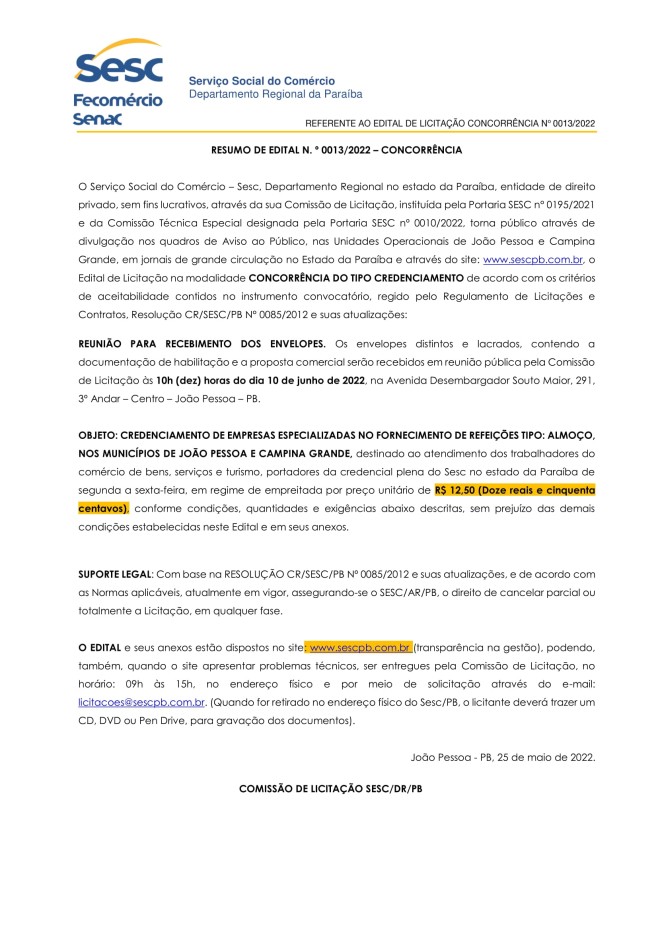 SESC – RESUMO DE EDITAL N. º 0013/2022 – CONCORRÊNCIA