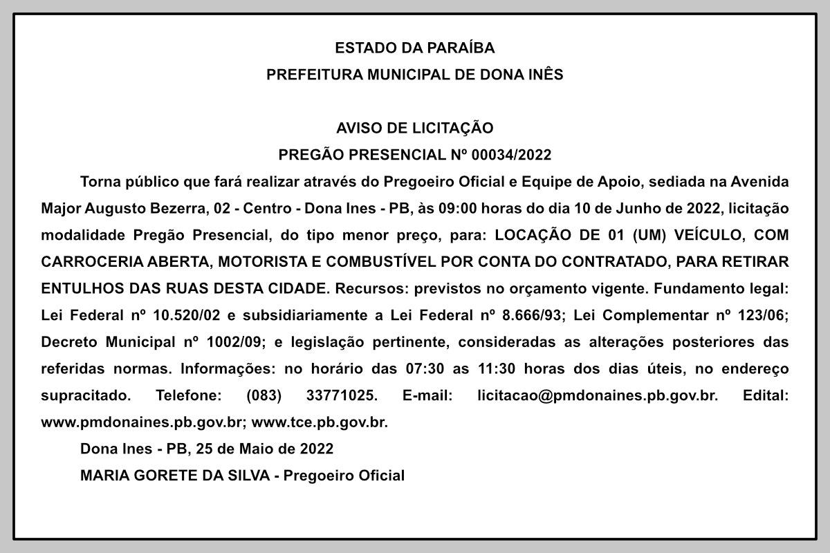 PREFEITURA MUNICIPAL DE DONA INÊS – AVISO DE LICITAÇÃO – PREGÃO PRESENCIAL Nº 00034/2022