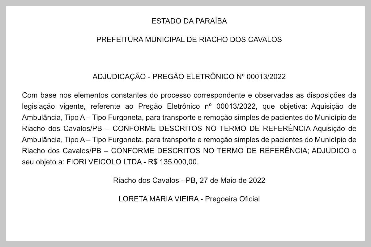 PREFEITURA MUNICIPAL DE RIACHO DOS CAVALOS  – ADJUDICAÇÃO – PREGÃO ELETRÔNICO Nº 00013/2022