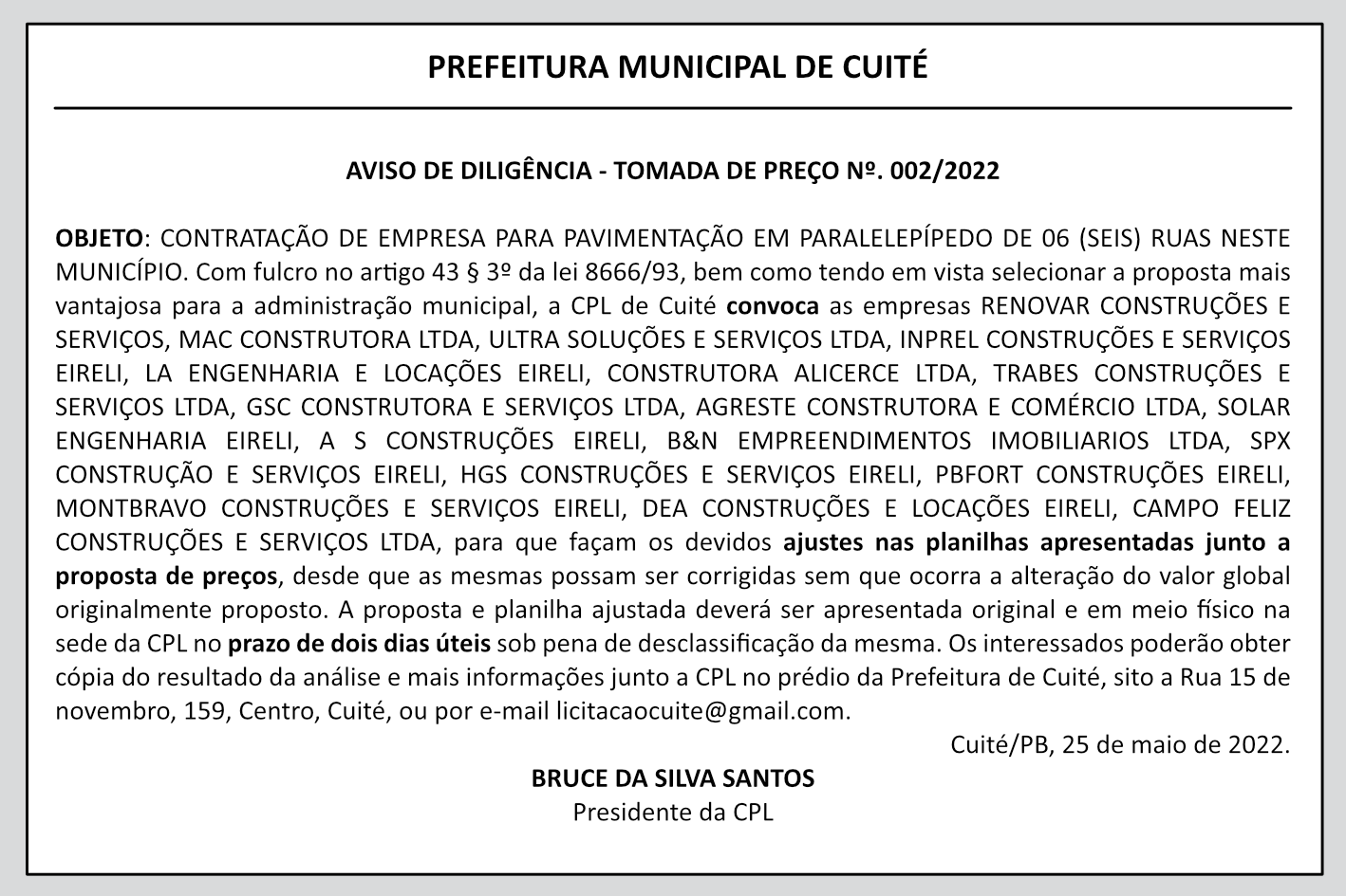 PREFEITURA MUNICIPAL DE CUITE – AVISO DE DILIGÊNCIA – TOMADA DE PREÇO Nº. 002/2022