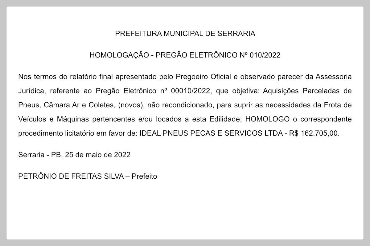 PREFEITURA MUNICIPAL DE SERRARIA –  HOMOLOGAÇÃO – PREGÃO ELETRÔNICO Nº 010/2022