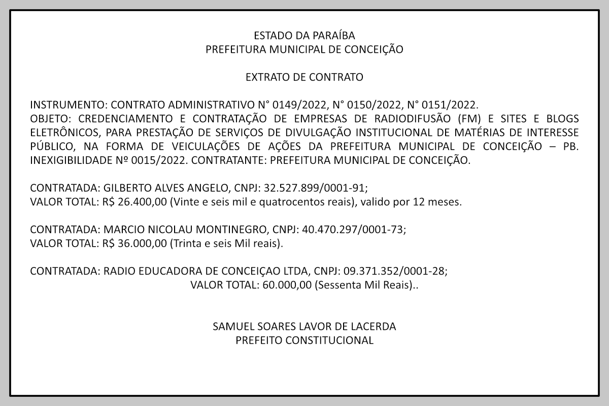 PREFEITURA MUNICIPAL DE CONCEIÇÃO – EXTRATO DE CONTRATO