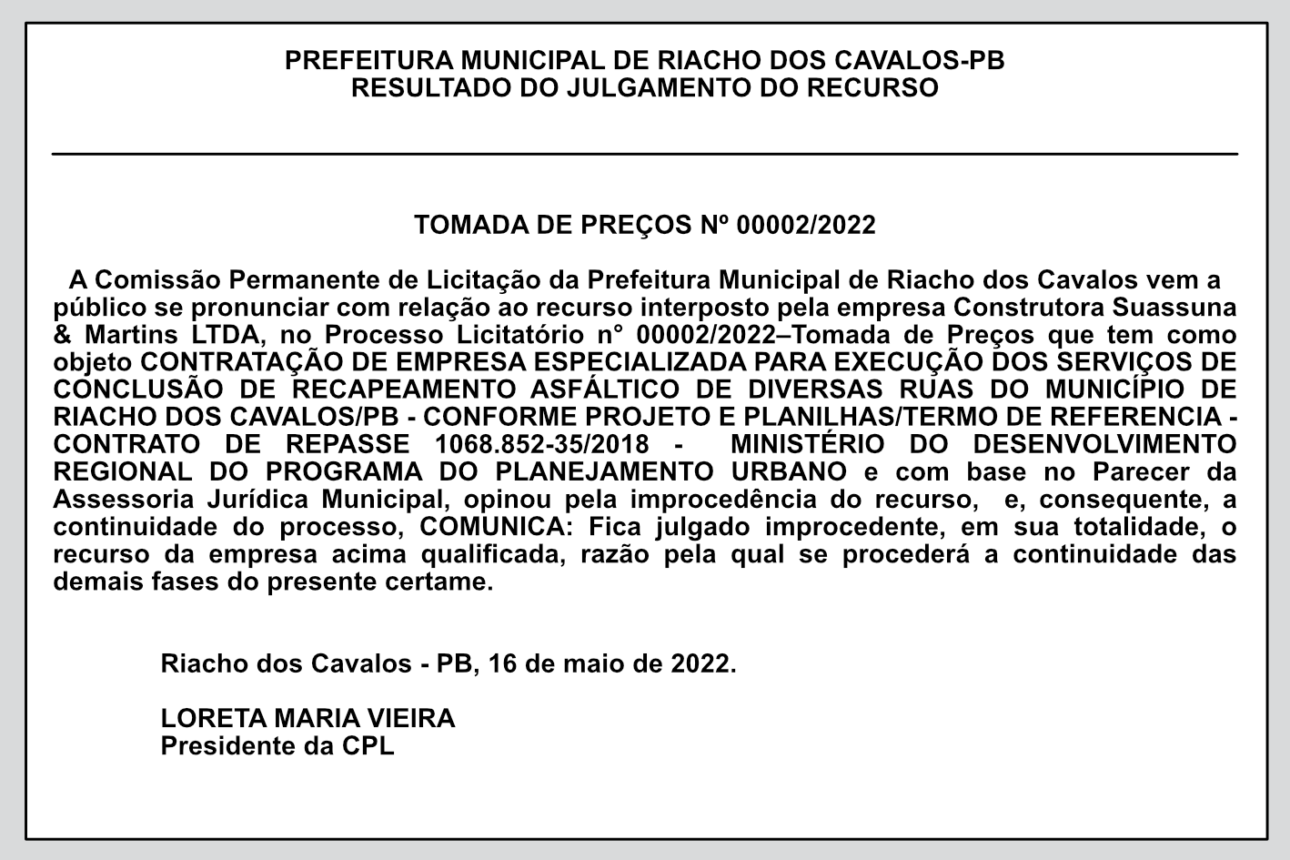 PREFEITURA MUNICIPAL DE RIACHO DOS CAVALOS-PB – RESULTADO DO JULGAMENTO DO RECURSO – TOMADA DE PREÇOS Nº 00002/2022