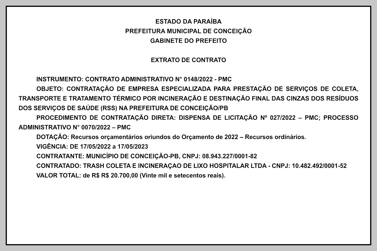 PREFEITURA MUNICIPAL DE CONCEIÇÃO  – EXTRATO DE CONTRATO