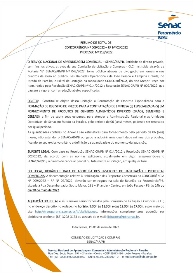 SENAC – RESUMO DE EDITAL DE  CONCORRÊNCIA Nº 009/2022 – RP Nº 02/2022 – PROCESSO Nº 118/2022