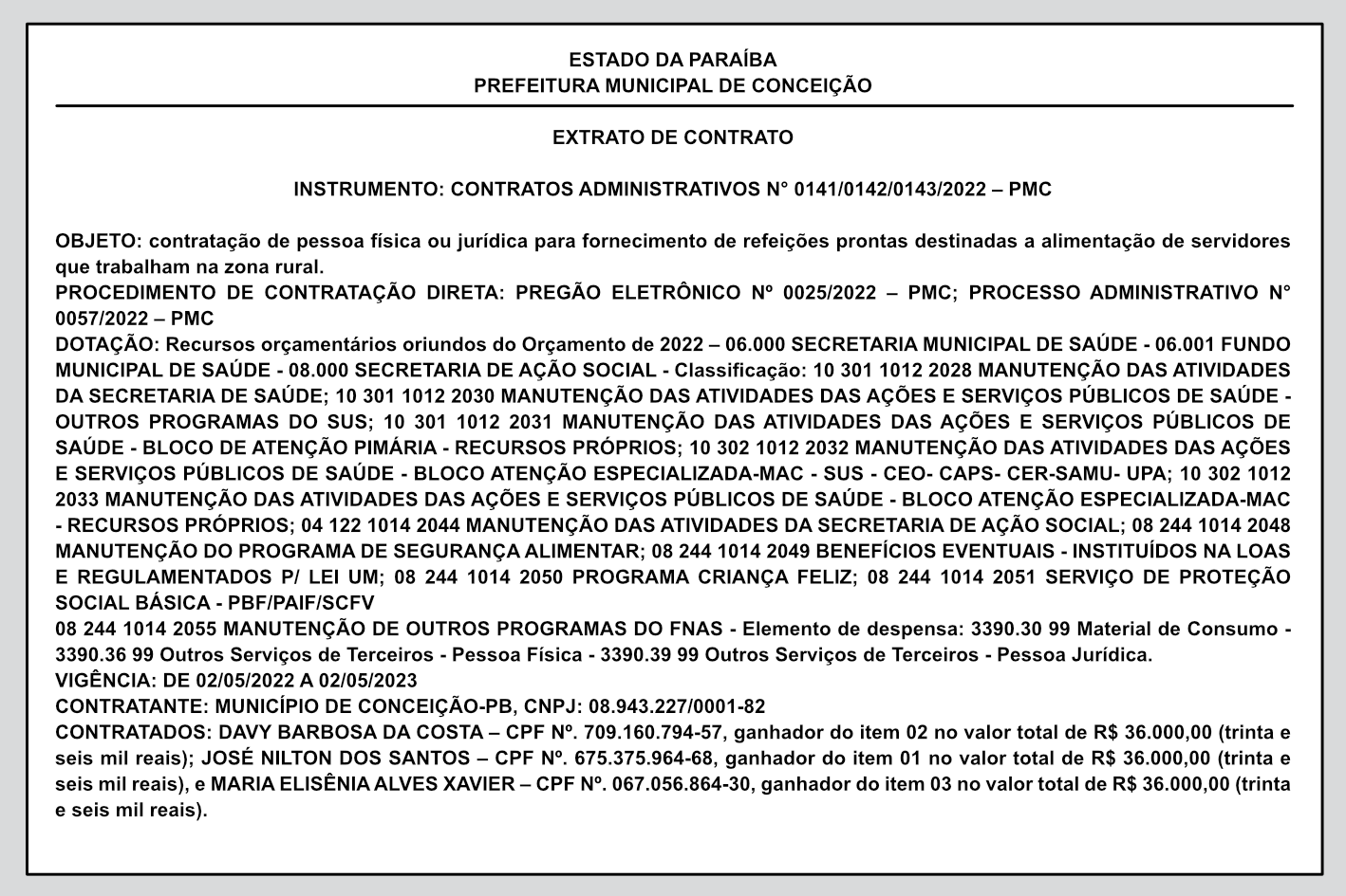 PREFEITURA MUNICIPAL DE CONCEIÇÃO – EXTRATO DE CONTRATO