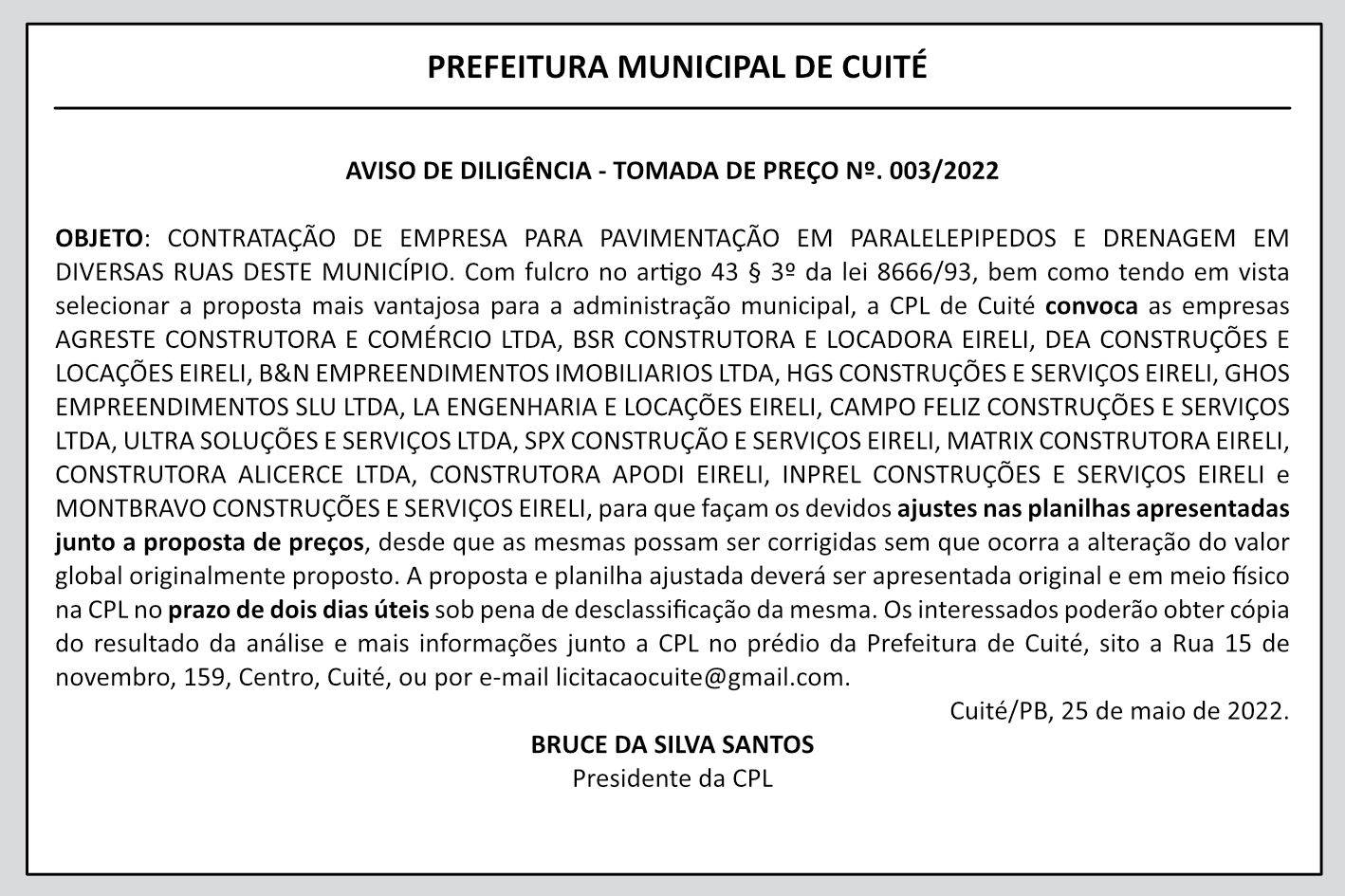 PREFEITURA MUNICIPAL DE CUITE – AVISO DE DILIGÊNCIA – TOMADA DE PREÇO Nº. 003/2022