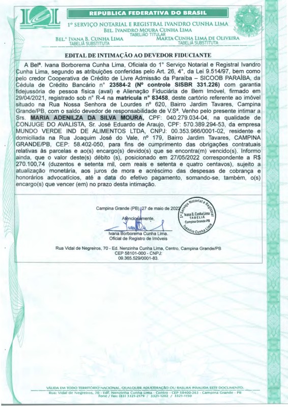 EDITAL DE INTIMAÇÃO AO DEVEDOR FIDUCIANTE