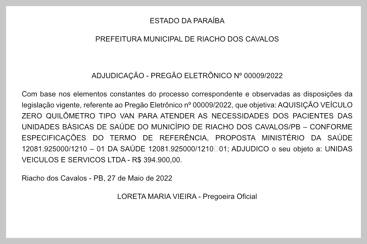 PREFEITURA MUNICIPAL DE RIACHO DOS CAVALOS – ADJUDICAÇÃO – PREGÃO ELETRÔNICO Nº 00009/2022