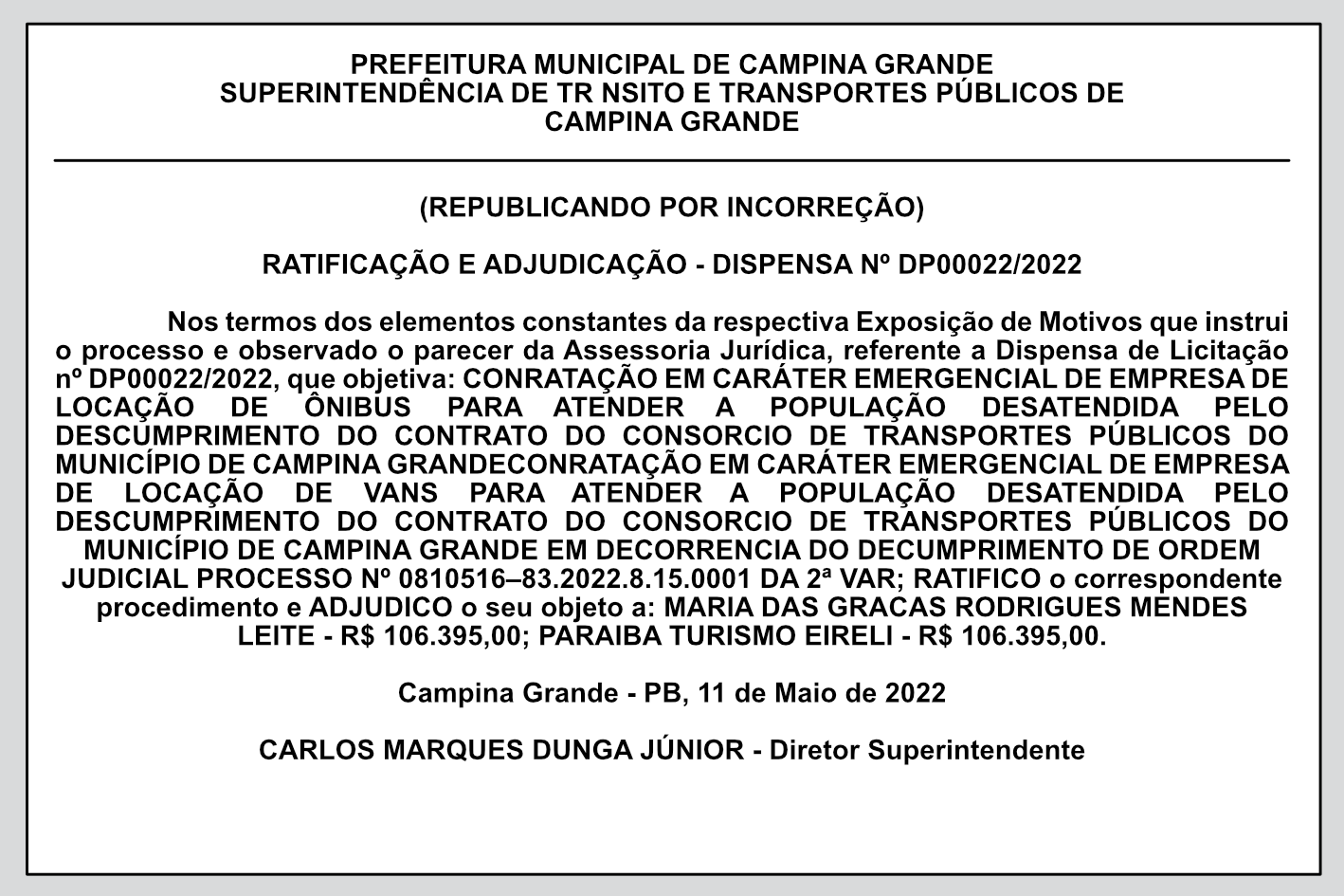 STTP/CG – RATIFICAÇÃO E ADJUDICAÇÃO – DISPENSA Nº DP00022/2022