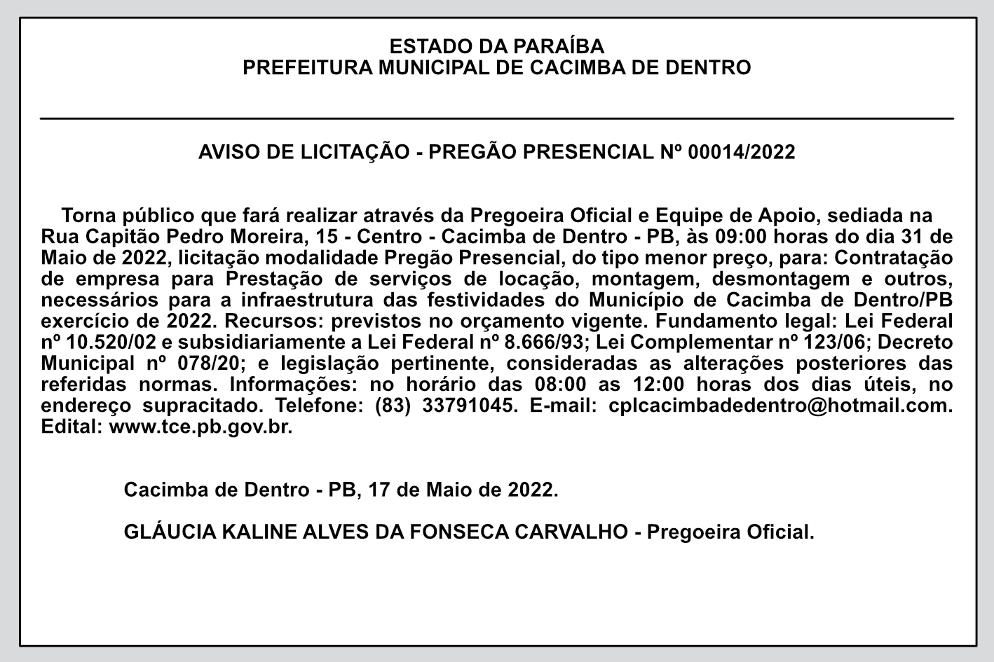 PREFEITURA MUNICIPAL DE CACIMBA DE DENTRO – AVISO DE LICITAÇÃO – PREGÃO PRESENCIAL Nº 00014/2022