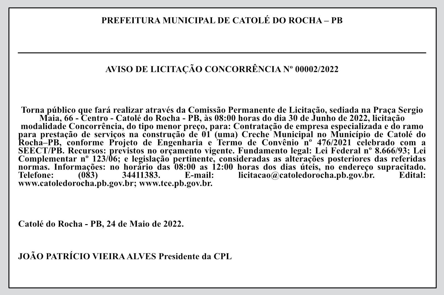 PREFEITURA MUNICIPAL DE CATOLÉ DO ROCHA – PB – AVISO DE LICITAÇÃO – CONCORRÊNCIA Nº 00002/2022