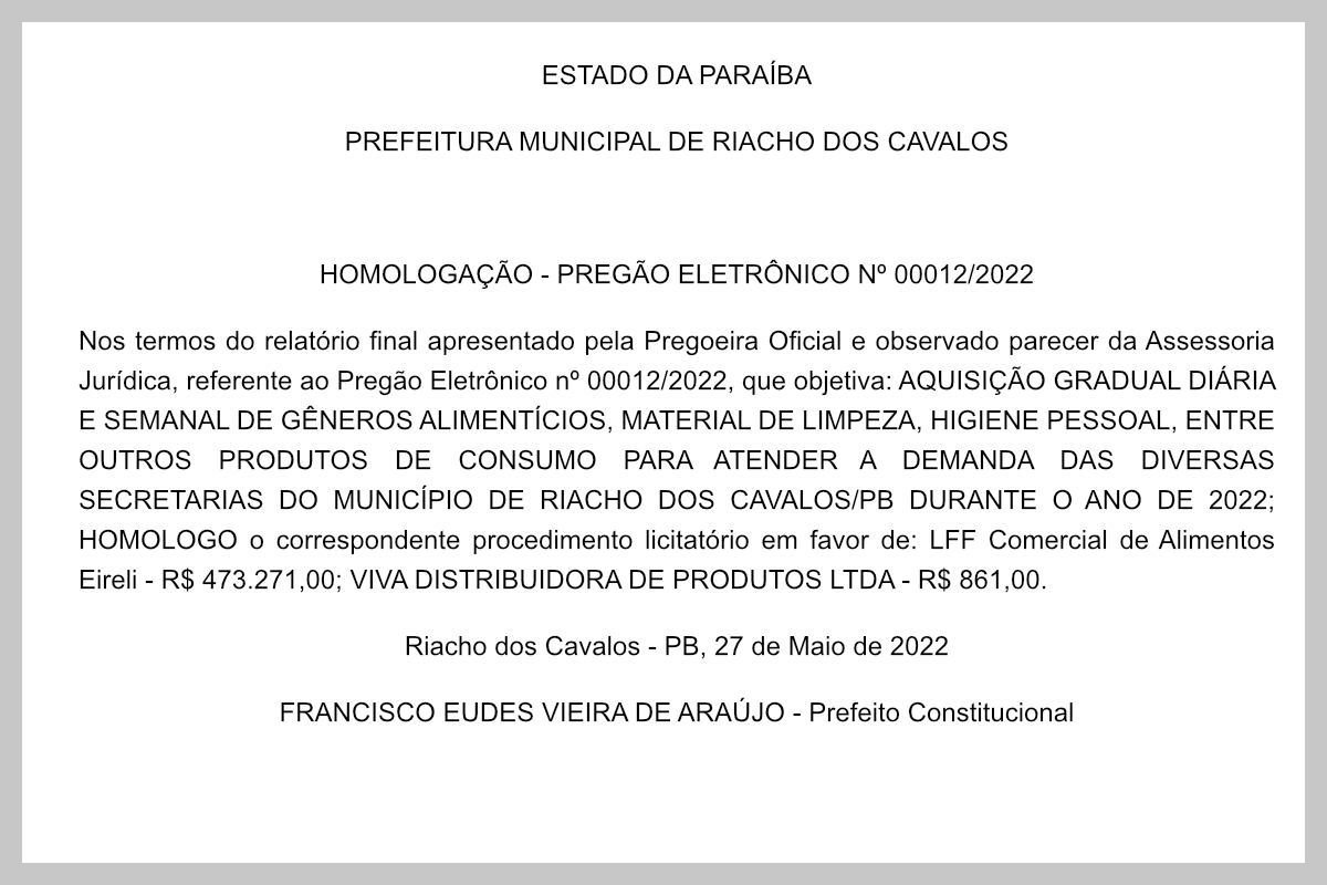 PREFEITURA MUNICIPAL DE RIACHO DOS CAVALOS – HOMOLOGAÇÃO – PREGÃO ELETRÔNICO Nº 00012/2022